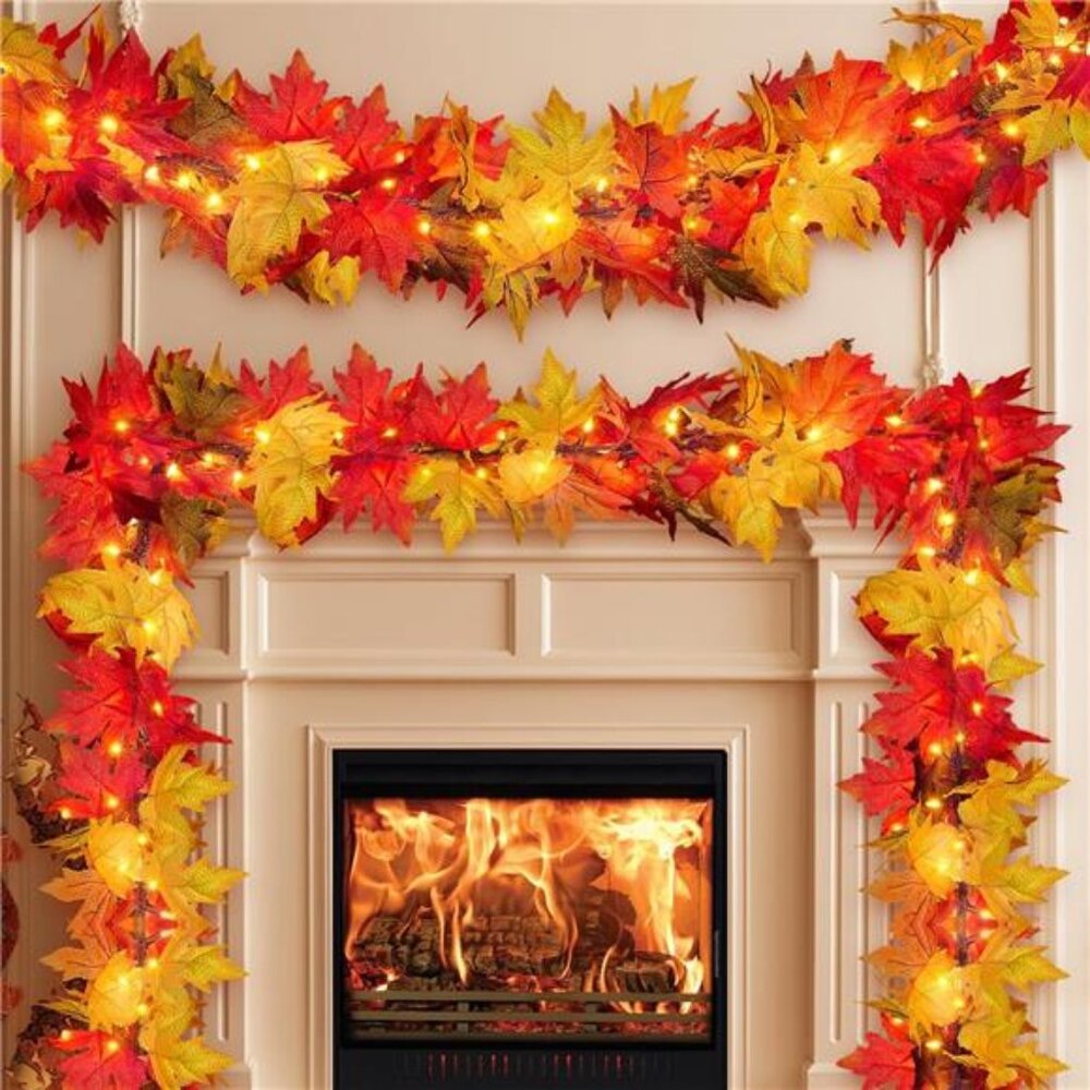 Fall Leaf Garland Lights 9Ft Orange Maple Leaves Indoor Outdoor Thanksgiving Dec